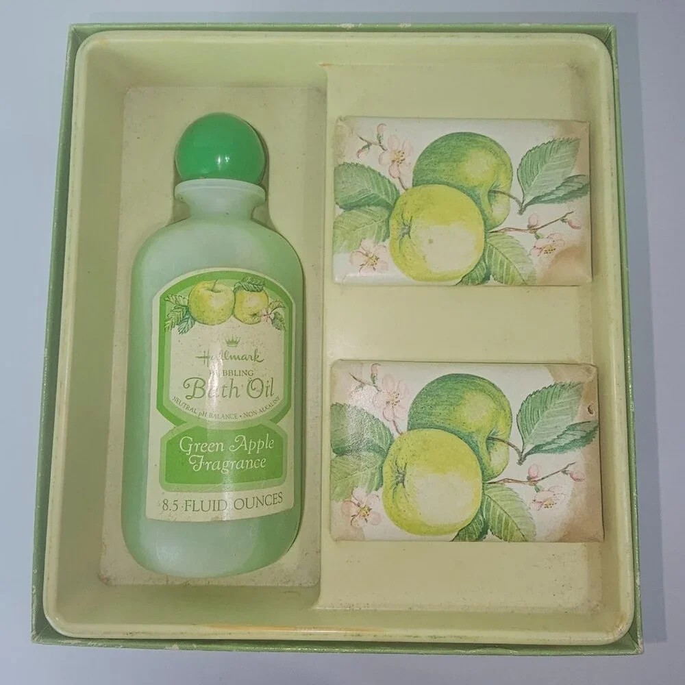 Vintage 70s Hallmark Scented Bath Ensemble Green Apple Fragrance Bath Collection
